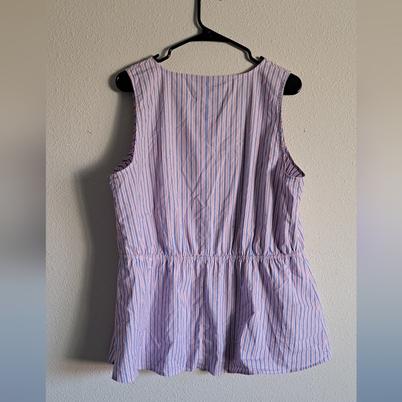 Lane Bryant Blue White and Red Striped No Peek Button Front Peplum Top - Picture 4 of 7